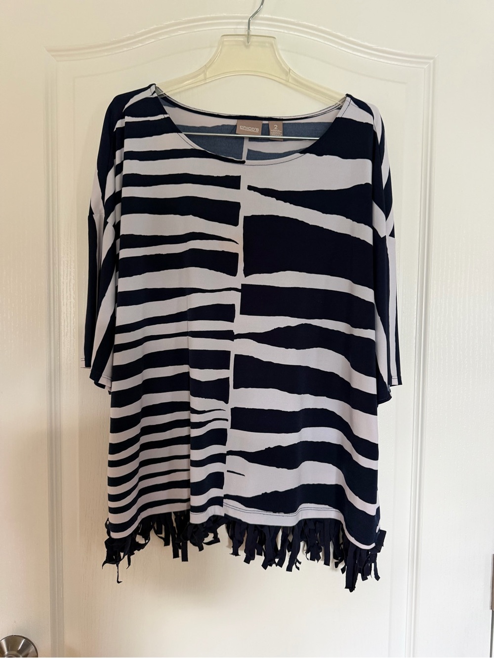 Navy & White Striped Fringe Hem Top, sz 14-16
